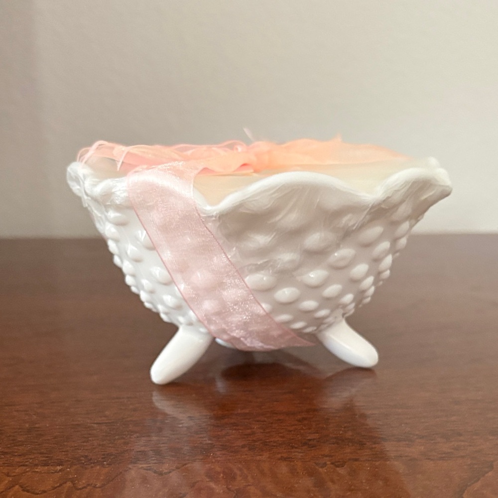 White Hobnail Milk Glass Footed Bowl Candle